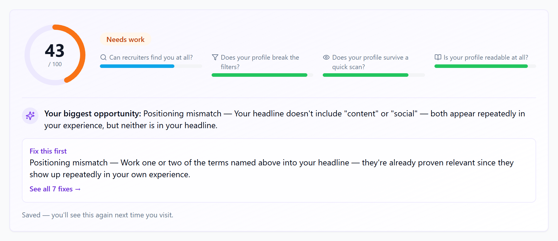 LinkedIn Recruiter Search Audit score of 43 out of 100, with the biggest opportunity and the fix to make first