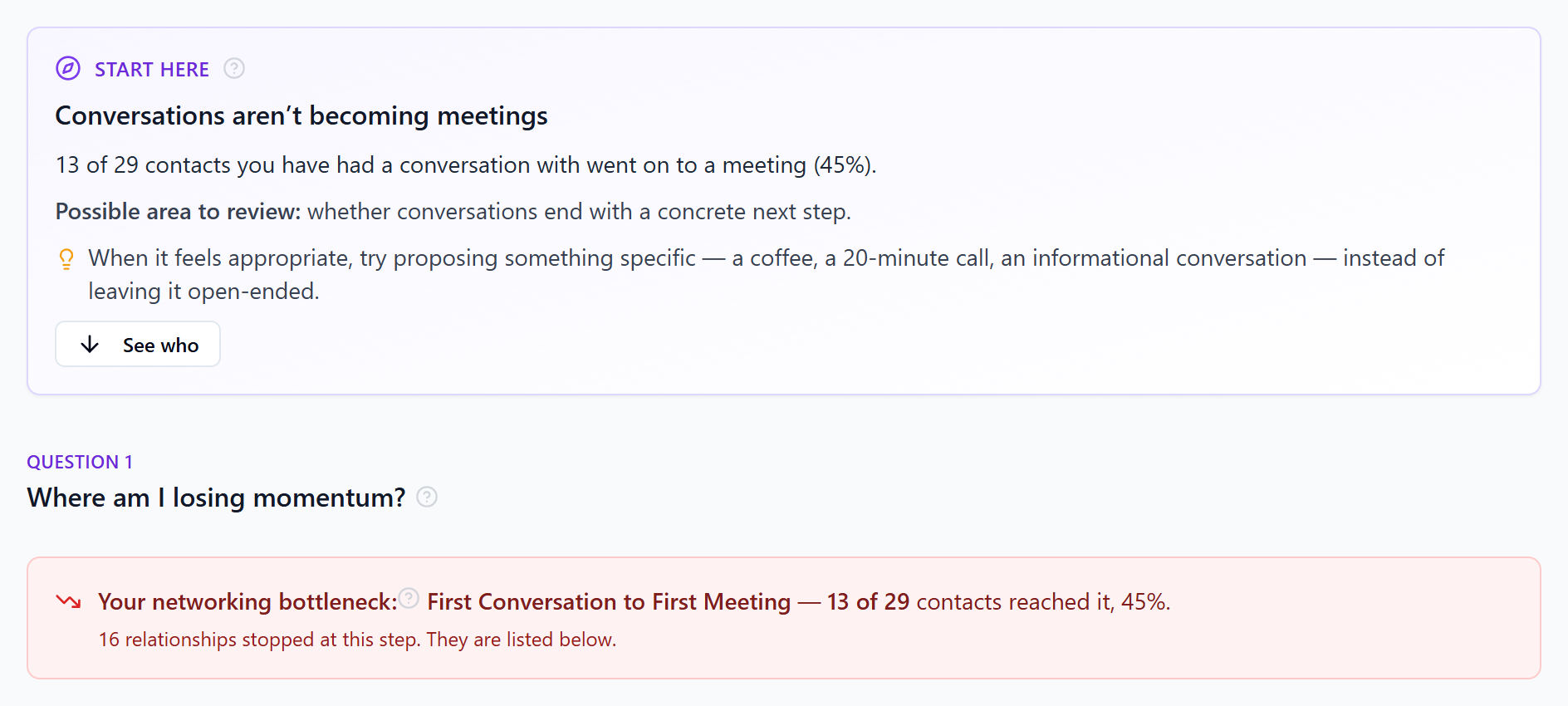 Relationship Diagnostics naming the networking bottleneck: conversations that are not turning into meetings