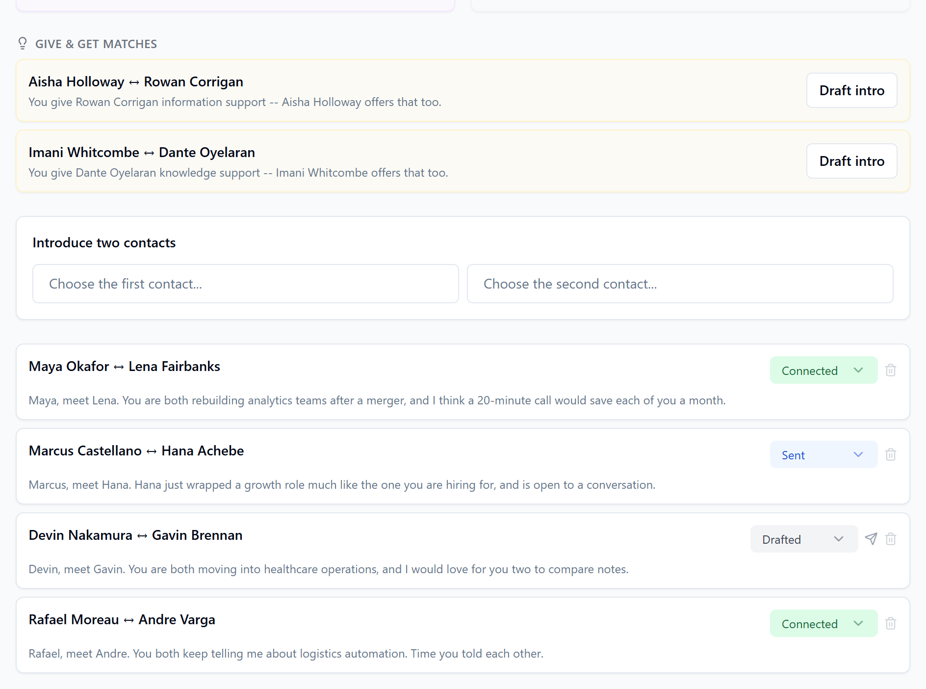 Introductions page with Give and Get Matches suggestions and a list of introductions marked connected, sent, and drafted