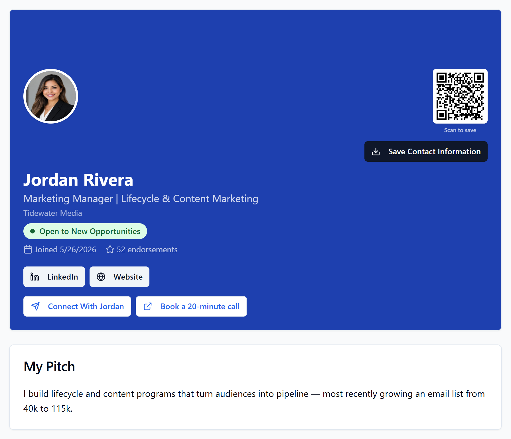 A public profile page with photo, headline, open-to-opportunities status, QR code, and a booking button
