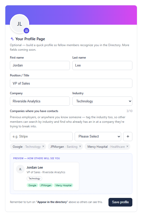 A member's directory profile with photo, title, company, industry, and companies where they have contacts, each tagged by industry