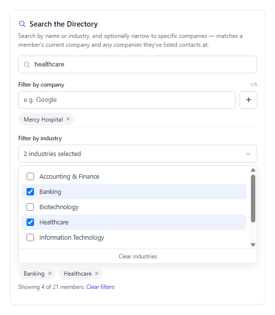 Member Directory search filtered by the term healthcare, a company filter, and a multi-select industry filter