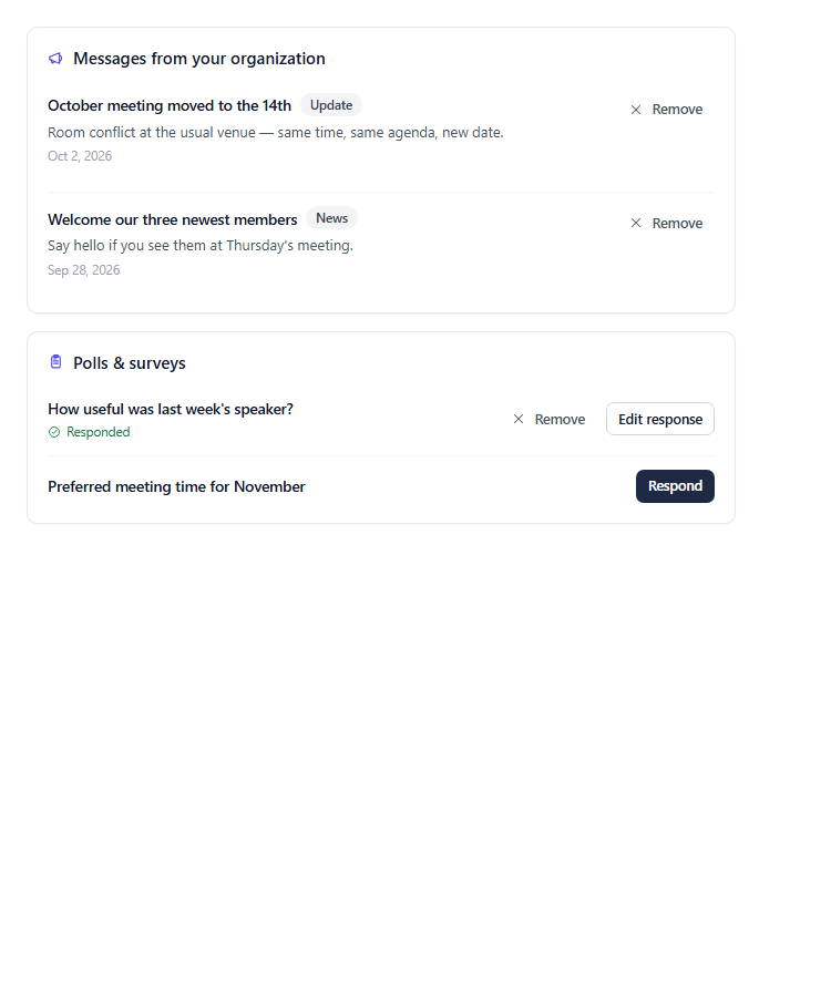 A member's overview page showing organization messages and open polls, each with a Remove button